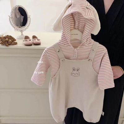 秋季可爱兔子条纹上衣背带