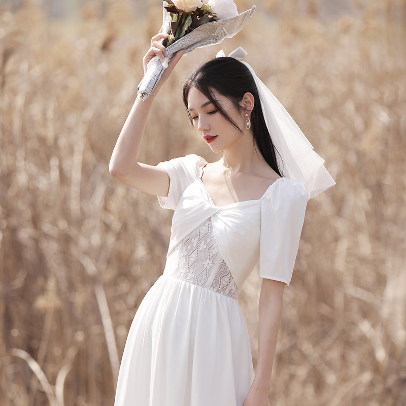 白色小晚礼服裙子平时可穿夏季订婚连衣裙女领证小白裙轻婚纱仙气