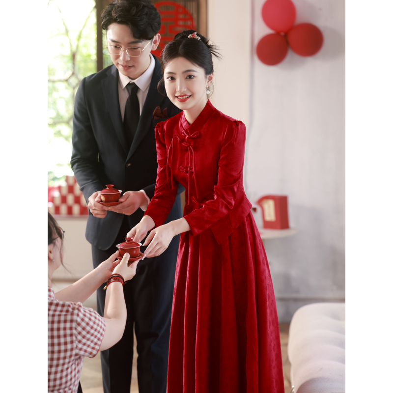 中式敬酒服2023新款新娘冬季长袖回门服红色订婚礼服女旗袍秀禾服_虎窝淘