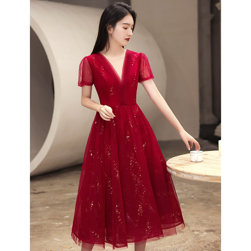 敬酒服新娘夏季酒红色结婚订婚回门晚礼服裙女仙气纱裙v领小个子