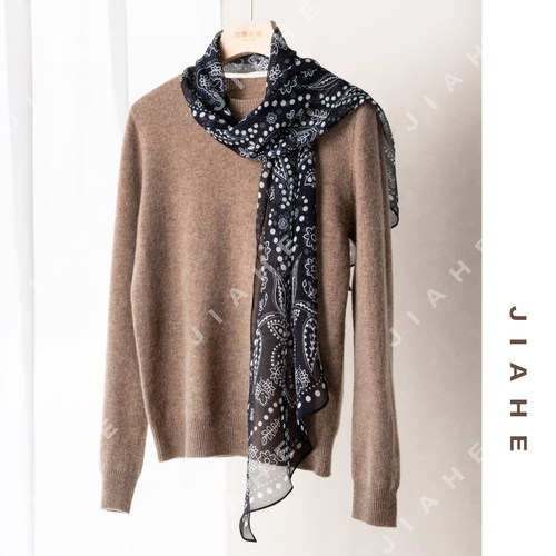 加禾【腰果伴波点】夏季8姆米雪纺段真丝围巾飘带150*30