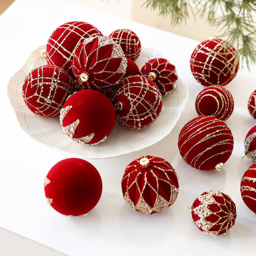 新款6CM8cm10CM植绒彩绘盒装圣诞球异形圣诞节装饰品圣诞树挂件