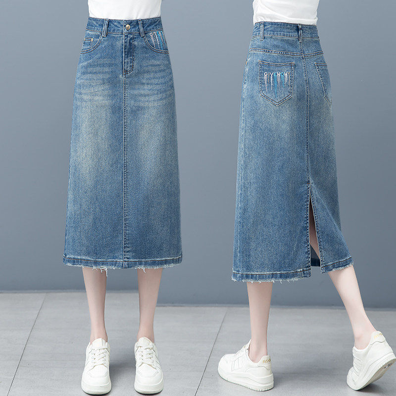 时尚刺绣牛仔裙女春秋季2026新款高腰显瘦开叉中长款包臀半身裙子,女装/女士精品,大码半身裙,淘宝优惠券,粉丝福利购,淘宝优惠卷