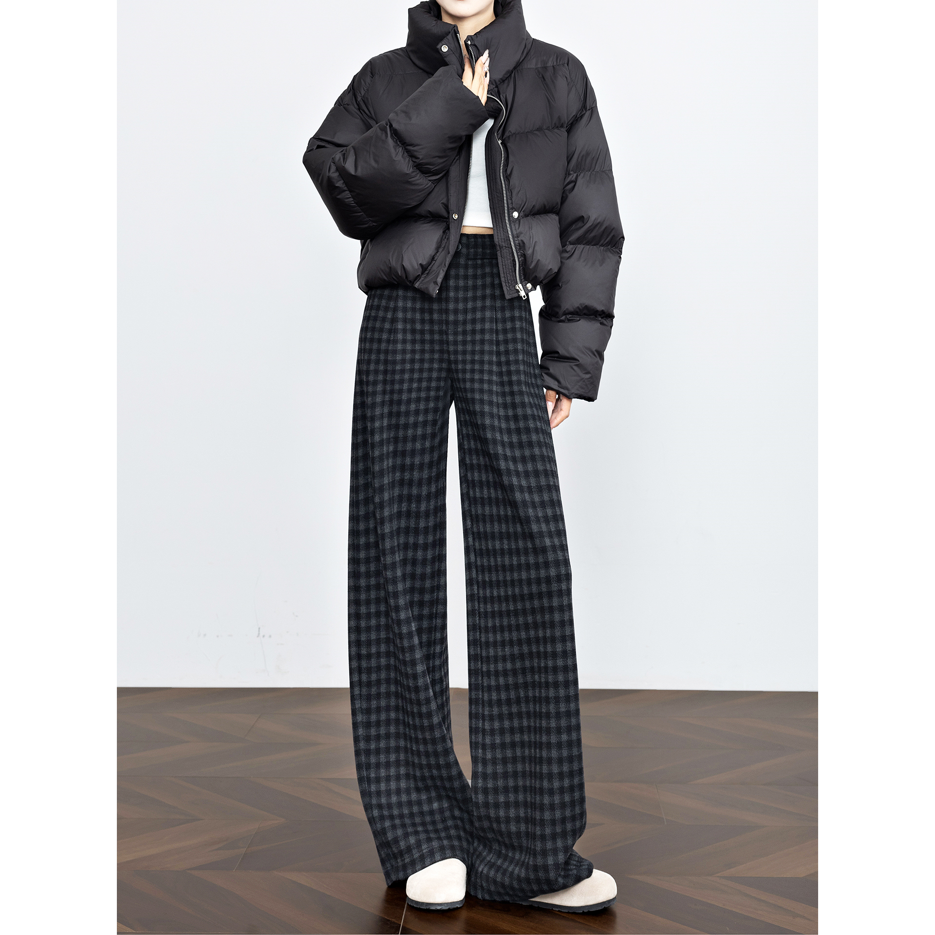 桑蚕丝羊毛格子裤女秋冬2025新款毛呢弯刀裤宽松黑灰色加绒阔腿裤,女装/女士精品,休闲裤,淘宝优惠券,粉丝福利购,淘宝优惠卷