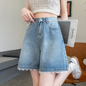 蕾丝花边五分牛仔短裤 子 宽松遮肉a字阔腿5分中裤 女士2026夏季 薄款