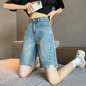 浅蓝色开叉五分牛仔短裤 宽松直筒设计感a字阔腿5分中裤 女夏季 新款