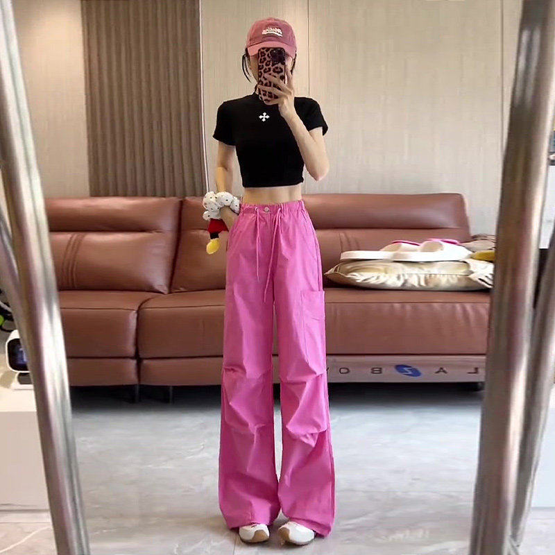 玫粉色速干阔腿工装裤女夏季2026年新款抽绳设计感束脚直筒休闲裤,女装/女士精品,休闲裤,淘宝优惠券,粉丝福利购,淘宝优惠卷