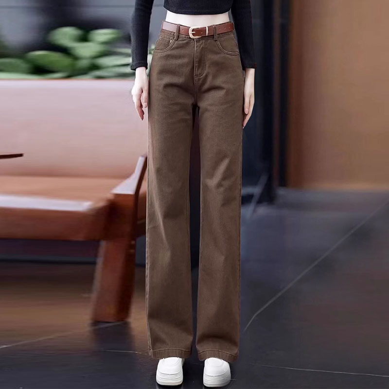 咖啡色阔腿牛仔裤女春秋款