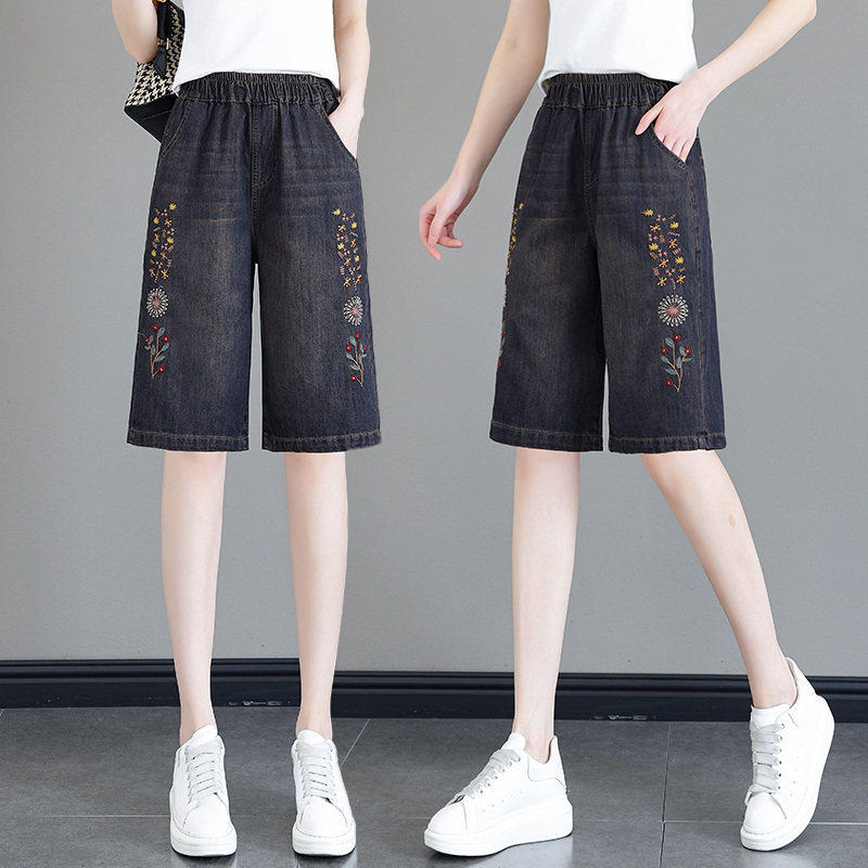 六分直筒牛仔裤女夏季薄款2026新款松紧高腰宽松刺绣阔腿五分裤子,女装/女士精品,大码裤装,淘宝优惠券,粉丝福利购,淘宝优惠卷