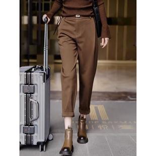 咖色毛呢九分加绒裤女秋冬高腰哈伦裤子2025新款休闲西装烟管裤子