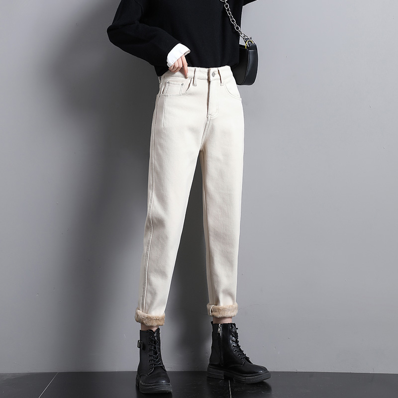 米白色牛仔裤女春秋高腰显