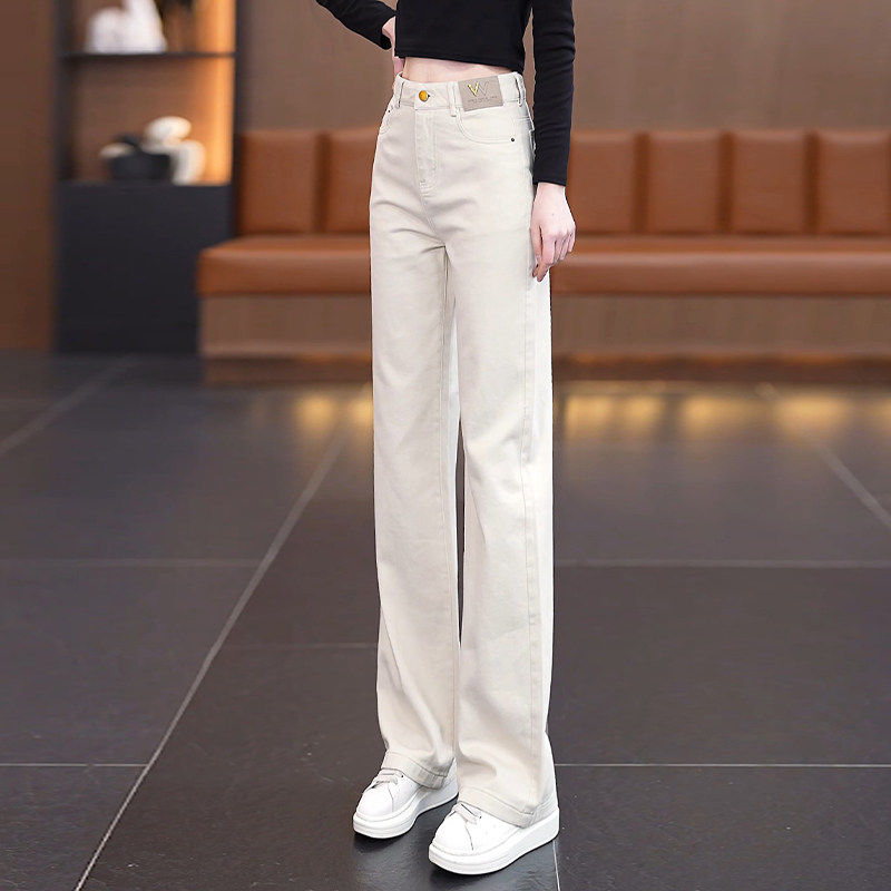 米白色窄版阔腿软牛仔裤女春秋2026新款高腰显瘦纯棉休闲直筒裤子,女装/女士精品,大码裤装,淘宝优惠券,粉丝福利购,淘宝优惠卷