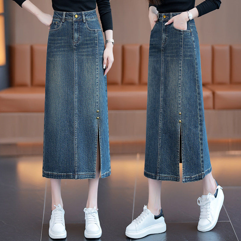 复古开叉牛仔半身裙女春秋季2026新款高腰a字显瘦长款一步包臀裙,女装/女士精品,大码半身裙,淘宝优惠券,粉丝福利购,淘宝优惠卷