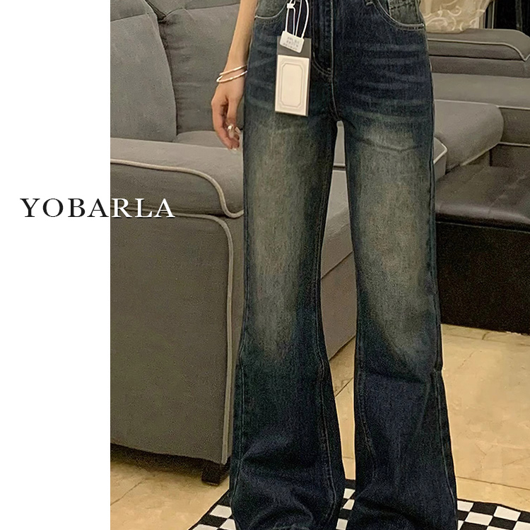 复古蓝微喇牛仔裤女秋冬加绒加厚大码胖mm宽松显瘦梨型身材长裤子