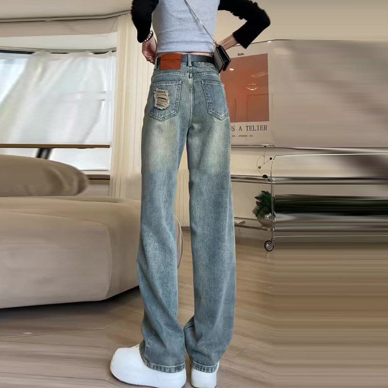 秋季复古破洞牛仔裤女春秋款美式高腰直筒显瘦2026新款垂感阔腿裤,女装/女士精品,牛仔裤,淘宝优惠券,粉丝福利购,淘宝优惠卷