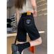 黑色高腰五分牛仔短裤 子 宽松直筒遮肉撞色刺绣5分中裤 女秋季 薄款