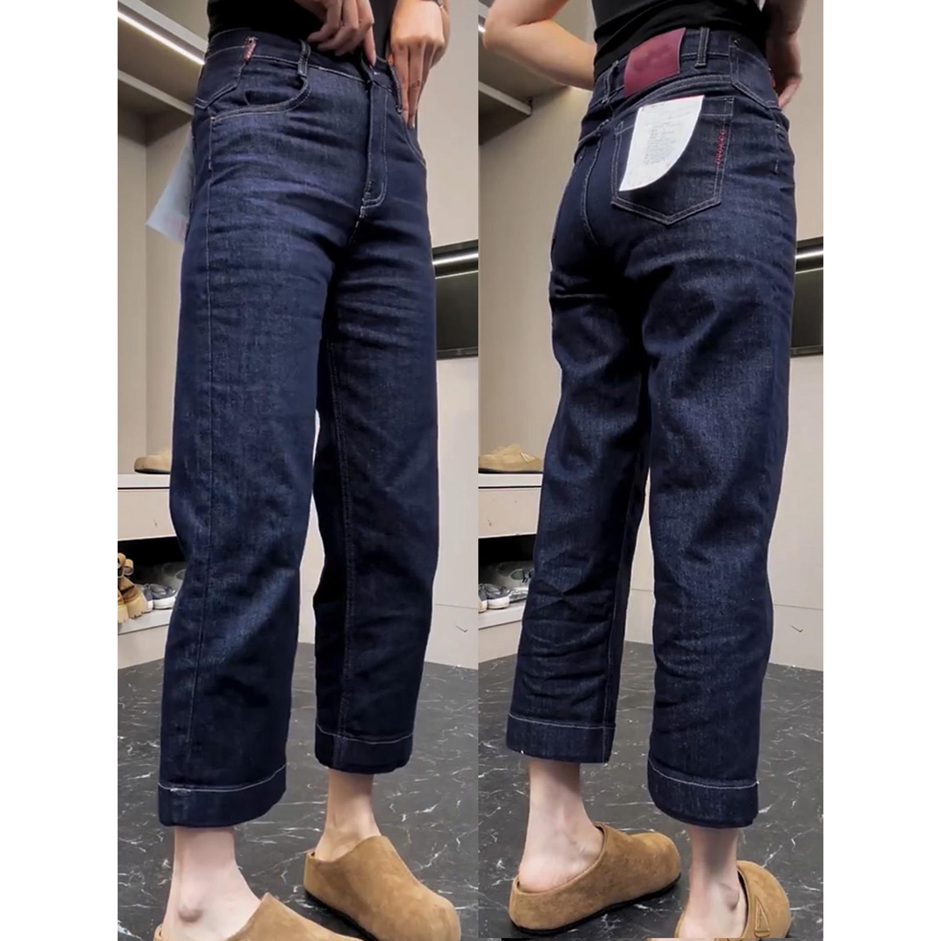 大码高腰深蓝色直筒牛仔裤