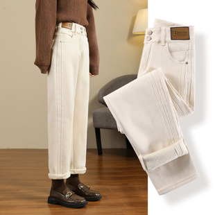 高腰加绒加厚保暖百搭老爹长裤 新款 子 女2025年冬季 杏色哈伦牛仔裤