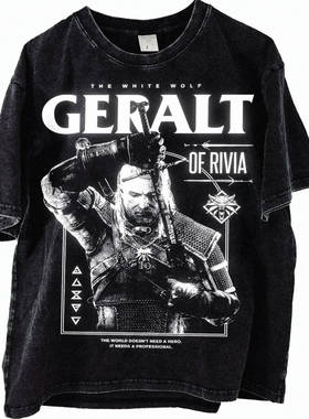 The Witcher 3 美版 重工漂白水洗 猎魔人杰洛特巫师三短袖T恤潮