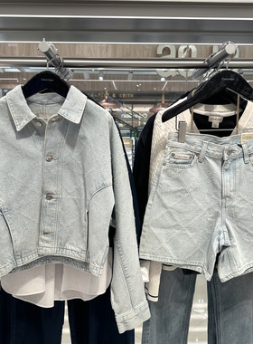 CK Jeans专柜正品 女士纯棉休闲老花菱形格纹通勤牛仔短裤47F494G