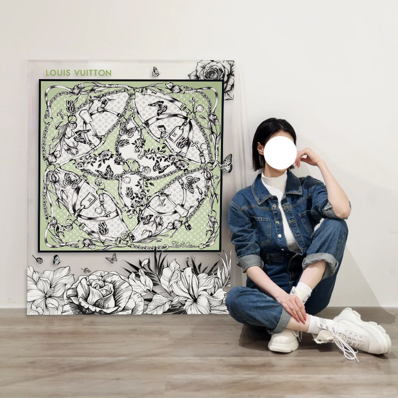 玄关走廊轻奢亚克力框装饰画花卉蝴蝶大牌丝巾装裱挂画客厅落地画图片
