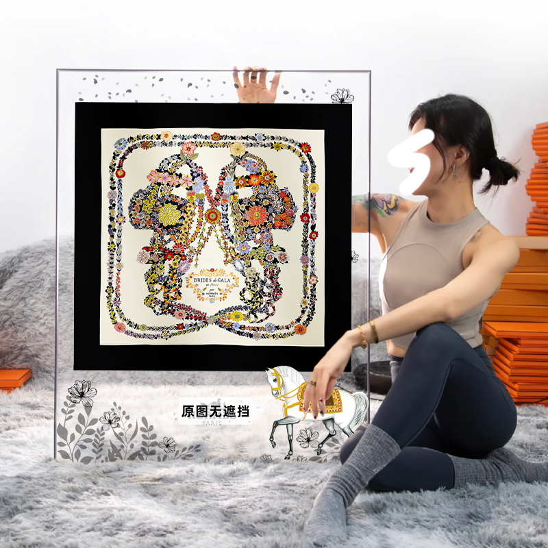 华丽缰辔花卉版挂画亚克力高端丝巾装裱装饰画楼梯转角处定制壁画图片