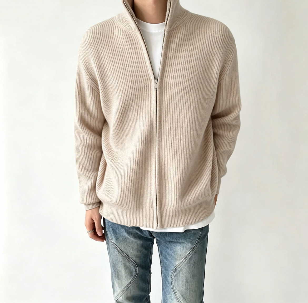 thumbnail for Quadrangular thread marker, double zip-up knitted cardigan, cashmere-blend, heavy, laid-back, unisex turtleneck sweater jacket