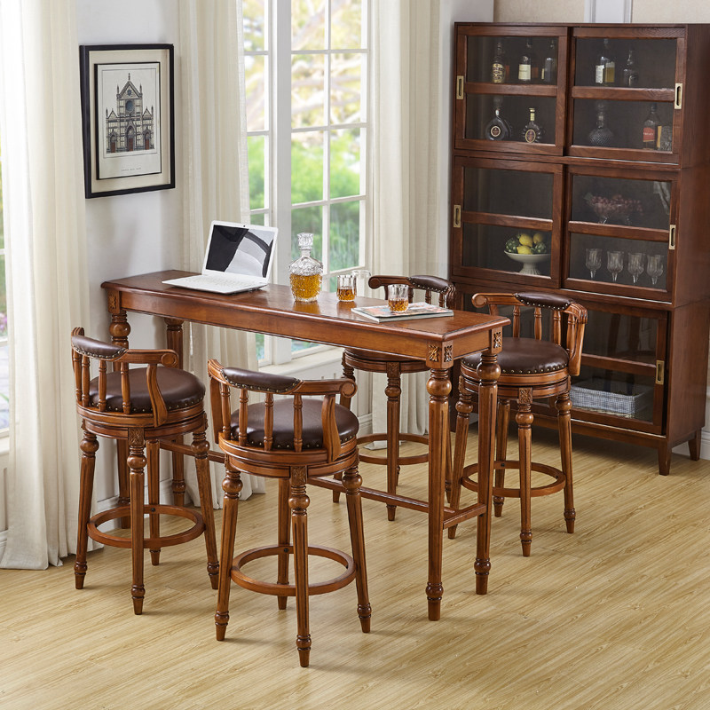 美式真皮吧台椅 实木质家用高脚凳 欧式可旋转吧台椅靠背椅酒吧椅
