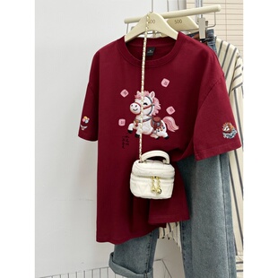 设计感半袖 t恤女宽松大码 圆领体恤上衣 小马印花纯棉短袖 2026新款