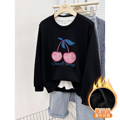 秋冬季加绒加厚正肩套头卫衣女士慵懒风宽松大码胖mm圆领无帽上衣