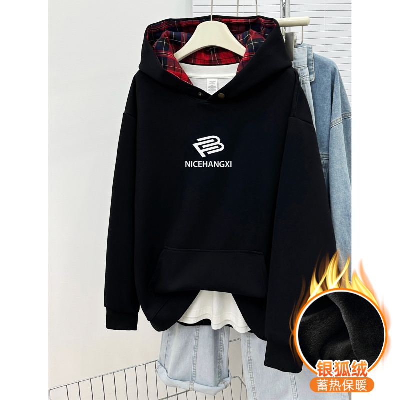 冬季拼接格子纽扣连帽宽松卫衣