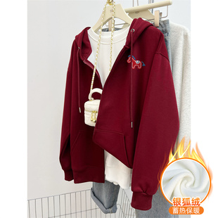 加绒加厚休闲慵懒百搭设计感拉链外套 连帽卫衣女冬季 韩版 宽松大码