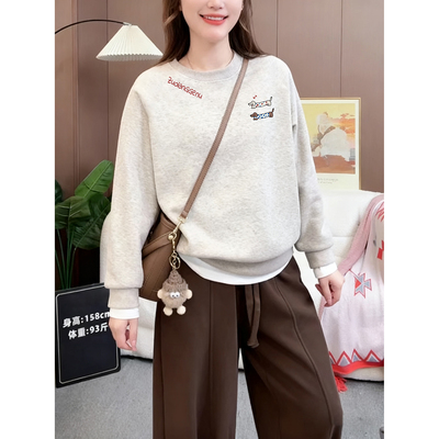 大码加绒圆领正肩卫衣女秋冬新款胖mm宽松休闲减龄印花无帽上衣潮