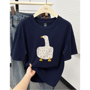 2025新款 上衣纯棉宽松圆领短袖 韩版 卡通印花中长款 T恤女 时尚 夏季