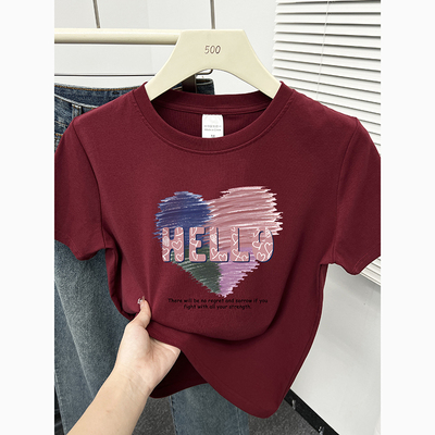 韩版爱心印花正肩短袖t恤女2025春夏季新款时尚显瘦圆领小版上衣