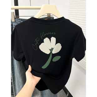 设计感别致上衣 花卉印花显瘦圆领T恤女夏季 2025新款 韩版 正肩短袖