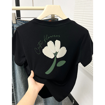 花卉印花显瘦圆领T恤女夏季2025新款韩版正肩短袖设计感别致上衣