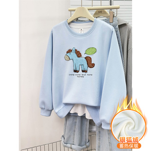 韩版 正肩圆领卫衣加绒加厚秋冬季 宽松百搭套头上衣 女装 胖MM大码