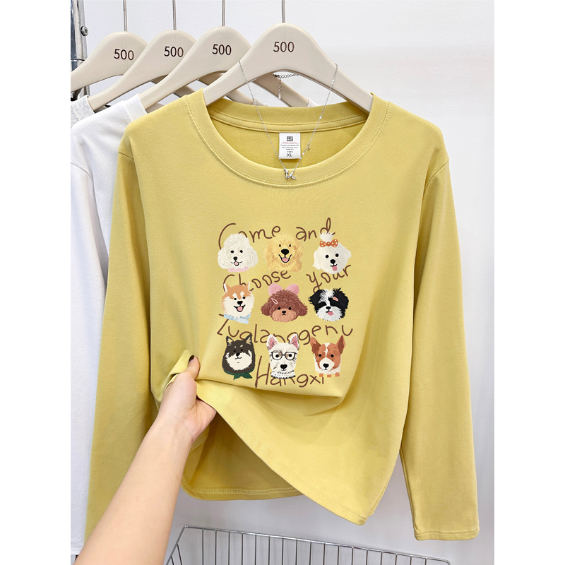 秋季新款狗狗印花长袖T恤女韩版正肩大码圆领抓绒内搭打底衫上衣