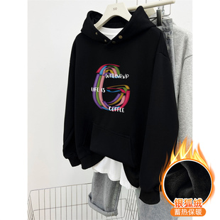 设计感套头上衣 宽松大码 黑色重磅纽扣连帽卫衣女冬季 加绒加厚韩版