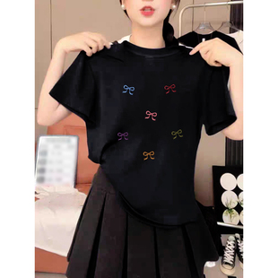 t恤女夏季 正肩蝴蝶结印花短袖 胖mm圆领200斤上衣潮 女装 2025大码