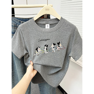 洋气圆胖mm大码 小狗印花夏新款 正肩显瘦上衣 T恤女时尚 领正肩短袖