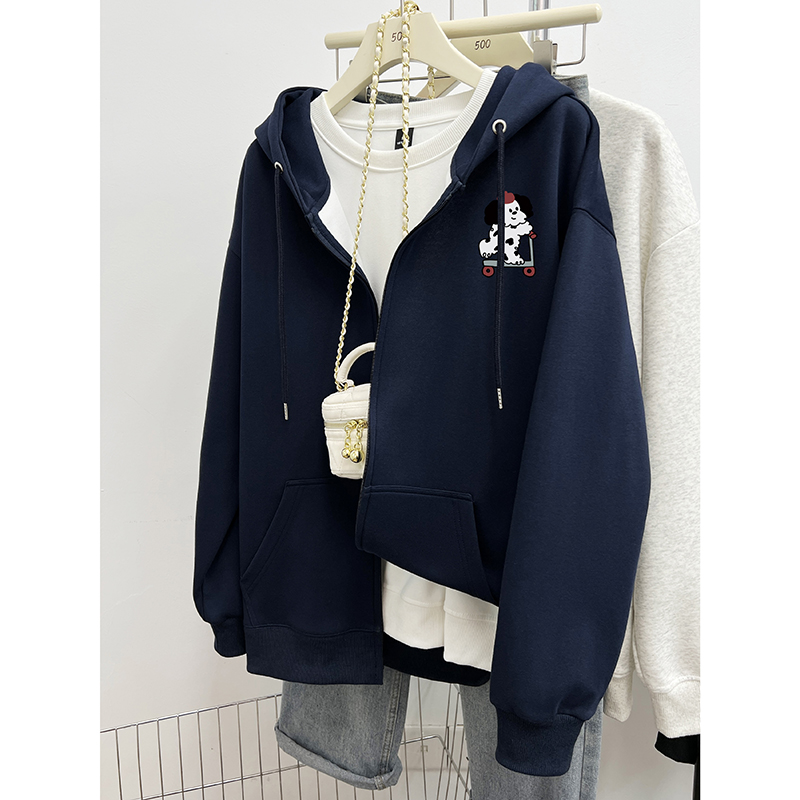 藏蓝色拉链连帽卫衣女秋冬季新款韩版宽松洋气印花超好看开衫外套