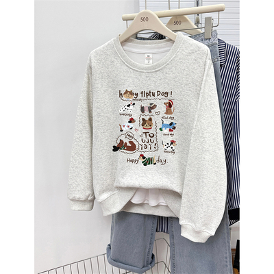 韩版洋气小狗印花圆领正肩卫衣女秋冬款宽松大码胖mm无帽长袖上衣