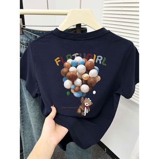 前后卡通印花休闲上衣 韩版 藏蓝色圆领t恤女正肩短袖 2025春夏新款