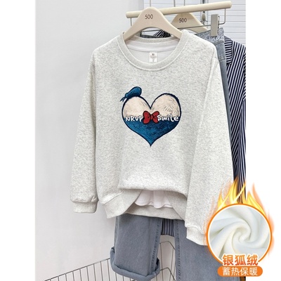 加绒加厚正肩大码女装卫衣秋冬季韩版时尚大码套头圆领洋气上衣潮