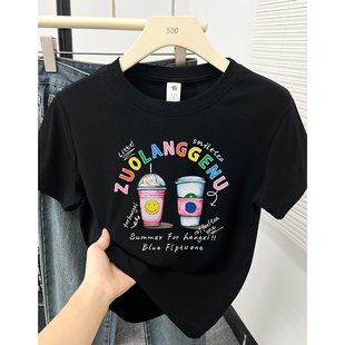 小个子时尚 正肩显瘦短袖 韩版 2025新款 印花休闲圆领上衣 T恤女夏季