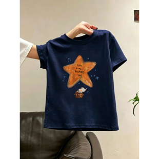 夏季新款藏蓝色星星小飞象印花休闲百搭正肩短袖T恤女装圆领上衣