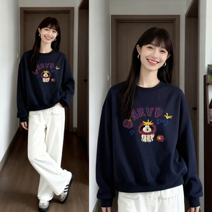 2025秋冬新款 上衣 显瘦洋气无帽正肩圆领加绒加厚卫衣趣味印花长袖