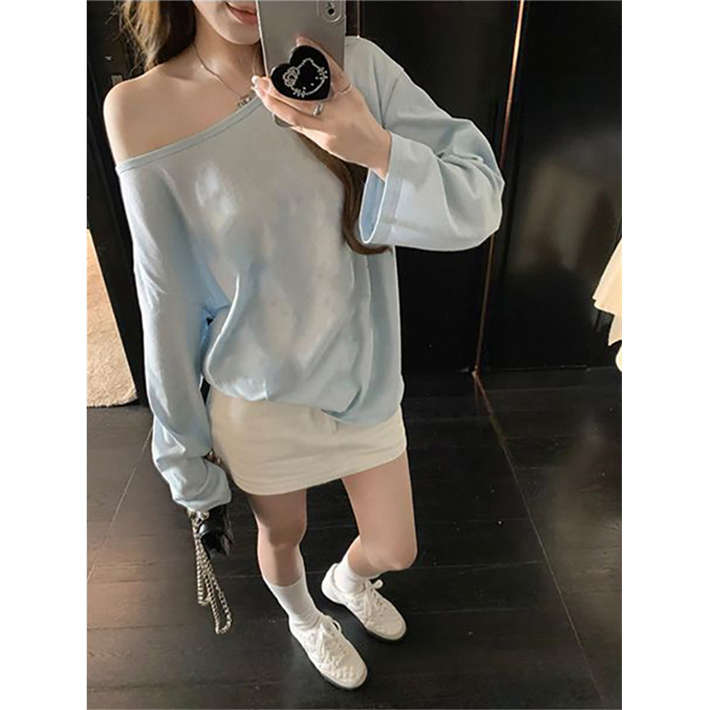【雪花棉-微透】夏季防晒罩衫斜肩长袖T恤女款时尚设计感纯色上衣